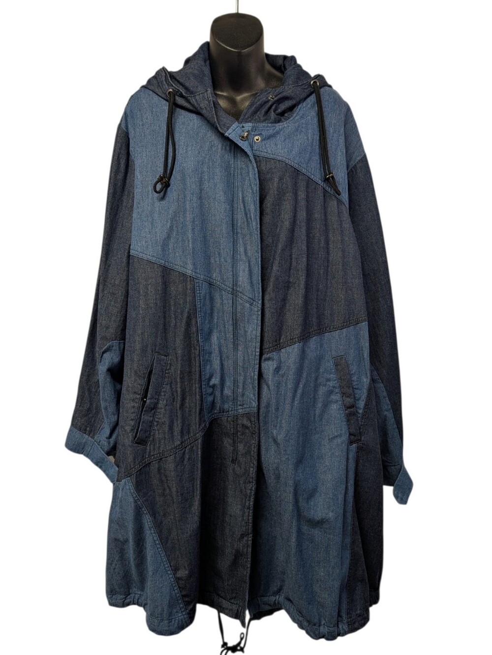 6TH & LANE Women's Plus Denim Jacket Sz 24 Blue Colorblock Hooded Anorak Pockets
